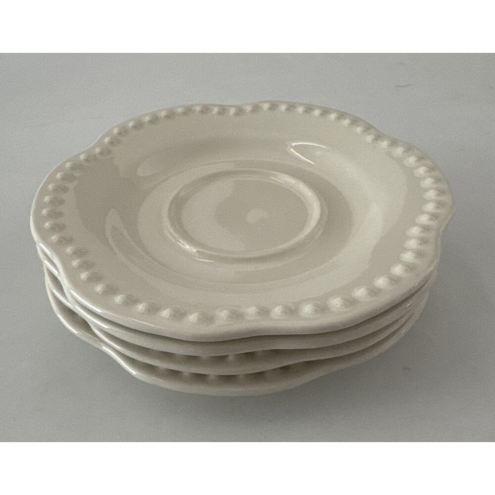 Set of 4 Pottery Barn "Emma" Saucers White‎ Cream Beaded Portugal Farmhouse